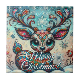 Big Eye Christmas Reindeer Folk Art Personalised Ceramic Tile