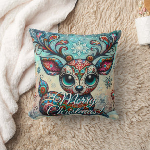 Big Eye Christmas Reindeer Folk Art Personalised Cushion