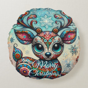 Big Eye Christmas Reindeer Folk Art Personalised Round Cushion