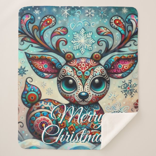 Big Eye Christmas Reindeer Folk Art Personalised Sherpa Blanket (Front)