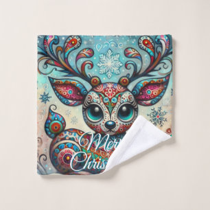 Big Eye Christmas Reindeer Folk Art Personalised Wash Cloth