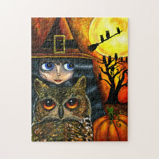 Big Eye Girl Doll Halloween Witch Owls Jigsaw Puzzle (Vertical)
