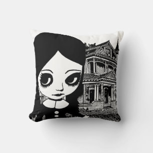 Big eye Goth girl Haunted house Original art  Cushion