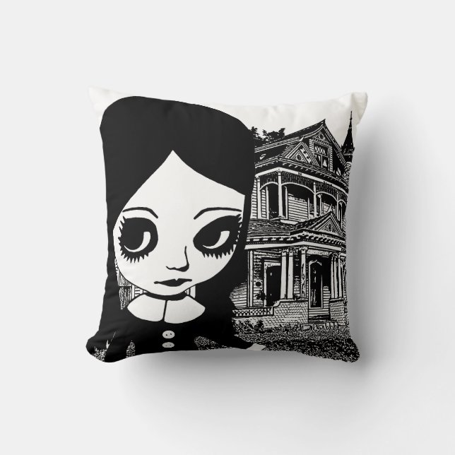 Big eye Goth girl Haunted house Original art  Cushion (Front)