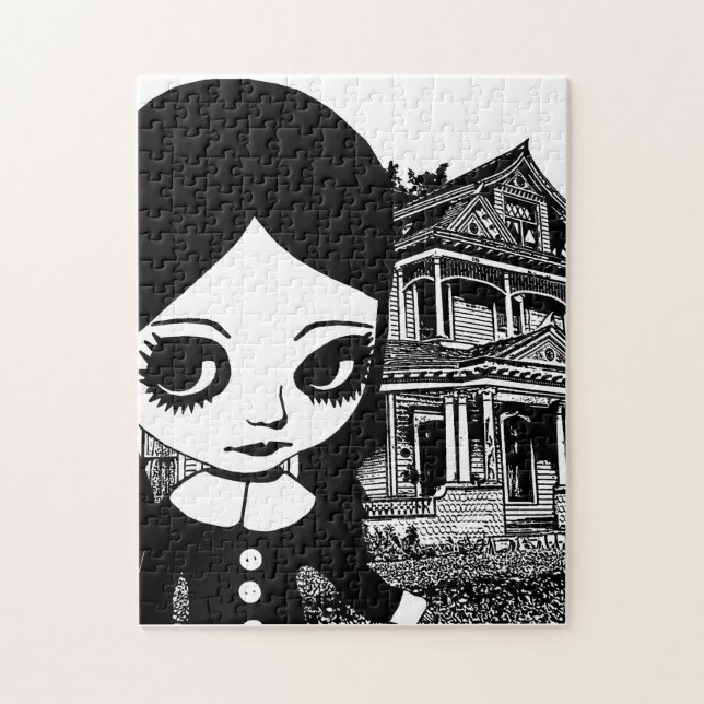 Big eye Goth girl Haunted house Original art Jigsaw Puzzle (Vertical)