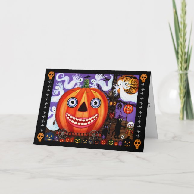 Big Eye Grinning Halloween Pumpkin Black Cats Card (Front)
