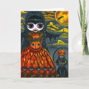 Big Eye Halloween Bat Fairy & Black Cat Cute Card