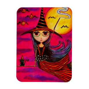 Big Eye Halloween Witch Girl in Stripes Black Cat Magnet