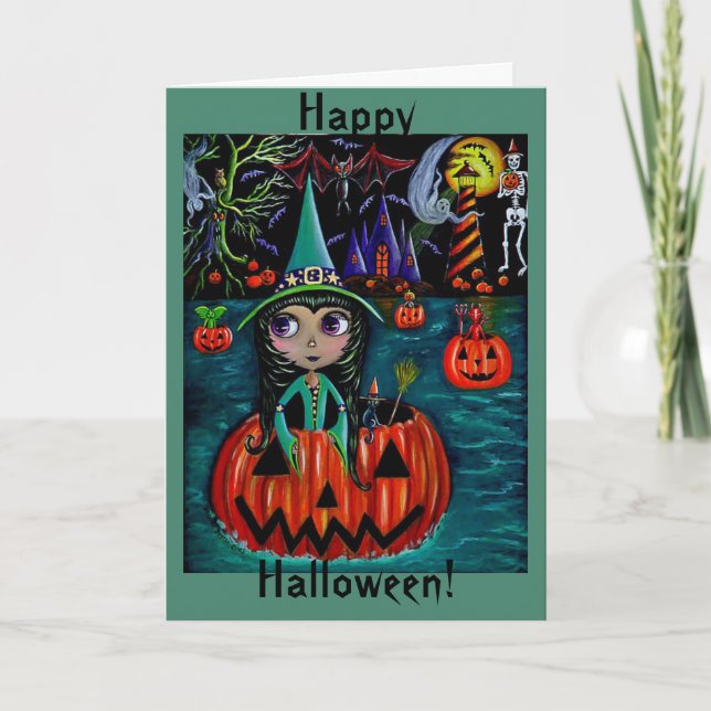Big Eye Halloween Witch Girl Riding in a Pumpkin Card (Front)