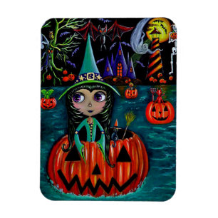 Big Eye Halloween Witch Girl Riding in a Pumpkin Magnet