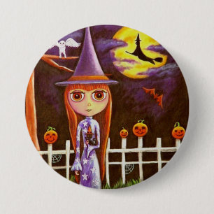Big Eye Halloween Witch Pumpkins on Fence Owl 7.5 Cm Round Badge