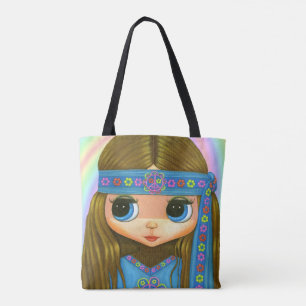 Big Eye Hippie Chick Girl Peace Sign '60s '70s Tote Bag