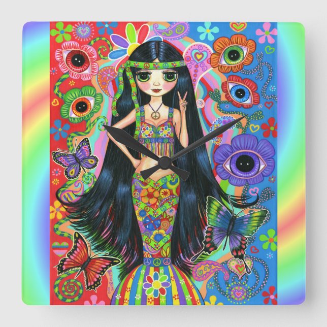 Big Eye Hippie Mermaid Girl Peace Sign 1960s '70s Square Wall Clock (Front)