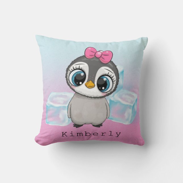 Big Eye Penguin with Pink Bow Custom Cushion (Front)