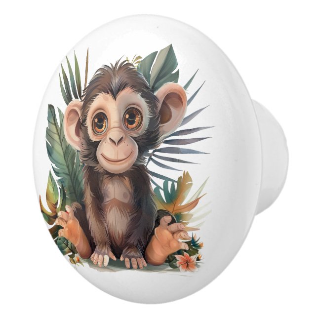 Big Eyed Brown Monkey In Jungle Leaves Ceramic Knob (Right)