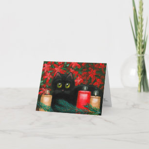 Big Eyed Christmas Cat Poinsettias Creationarts Holiday Card