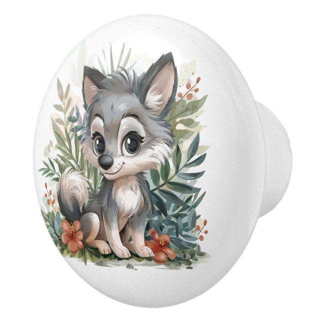 Big Eyed Grey Wolf Pup  Ceramic Knob (Right)