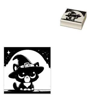 Big Eyed Kitty Witch with Full Moon Rubber Stamp