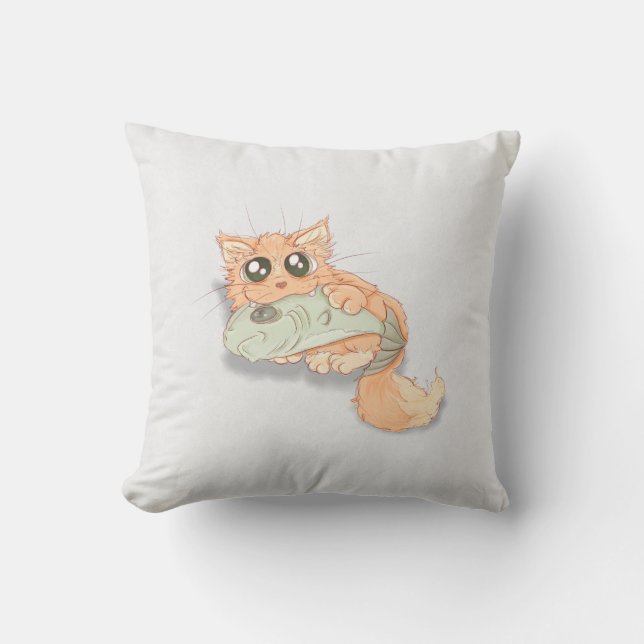 Big Eyed Kitty With A Fish Artwork Cushion (Front)