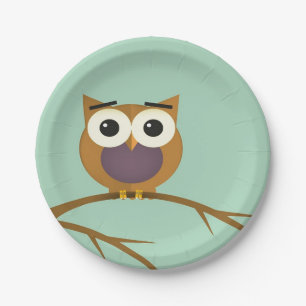 Big Eyed Owl on Branch with Full Moon Paper Plate