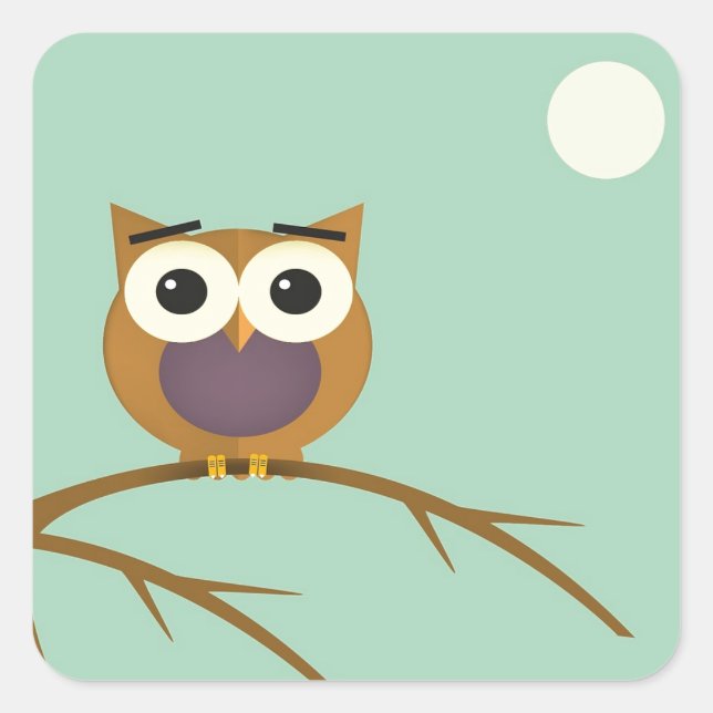 Big Eyed Owl on Branch with Full Moon Square Sticker (Front)