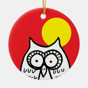 Big Eyes Cartoon Owl and Moon Ceramic Ornament
