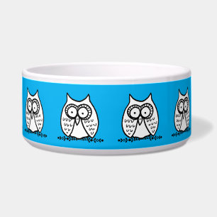 Big Eyes Cartoon Owls Blue Ceramic Pet Bowl