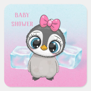 Big Eyes Cute Penguin with Pink Bow Baby Shower  Square Sticker