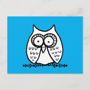 Big Eyes Funny Cartoon Owl Drawing Blue Postcard