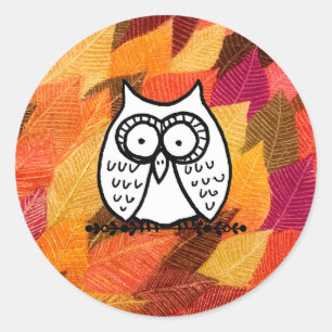 Big Eyes Funny Cartoon Owl Drawing Leaves Classic Round Sticker