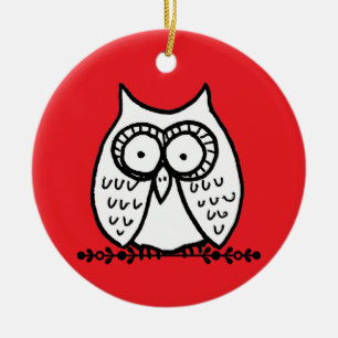 Big Eyes Funny Cartoon Owl Drawing Red Ceramic Ornament