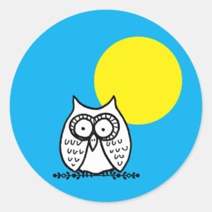Big Eyes Funny Cartoon Owl & Moon Blue Classic Round Sticker