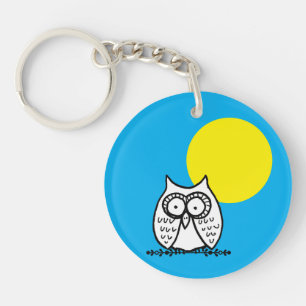 Big Eyes Funny Cartoon Owl & Moon Blue Key Ring