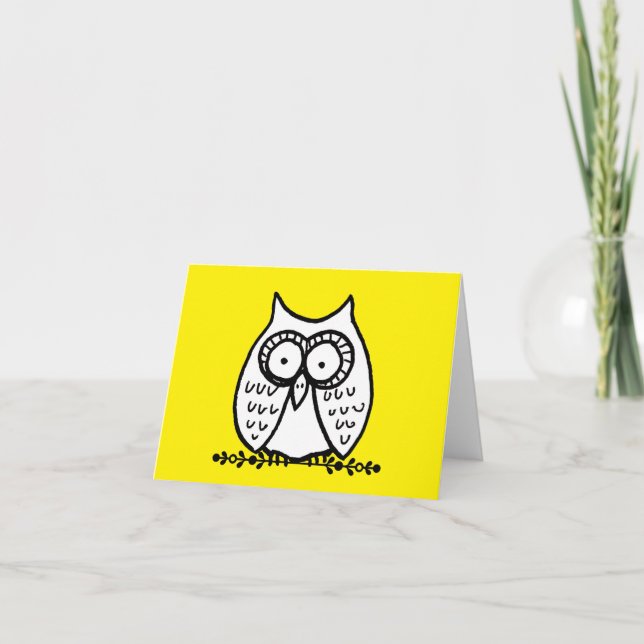 Big Eyes Funny Cartoon Owl Yellow Folded Note Card (Front)