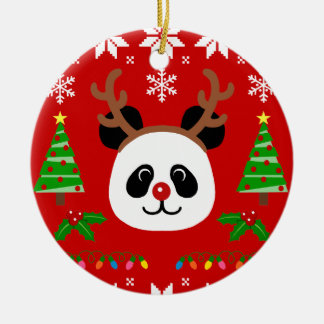 Big Face Panda Cartoon Christmas Antlers Ceramic Ornament