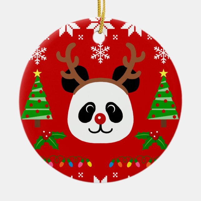 Big Face Panda Cartoon Christmas Antlers Ceramic Ornament (Front)