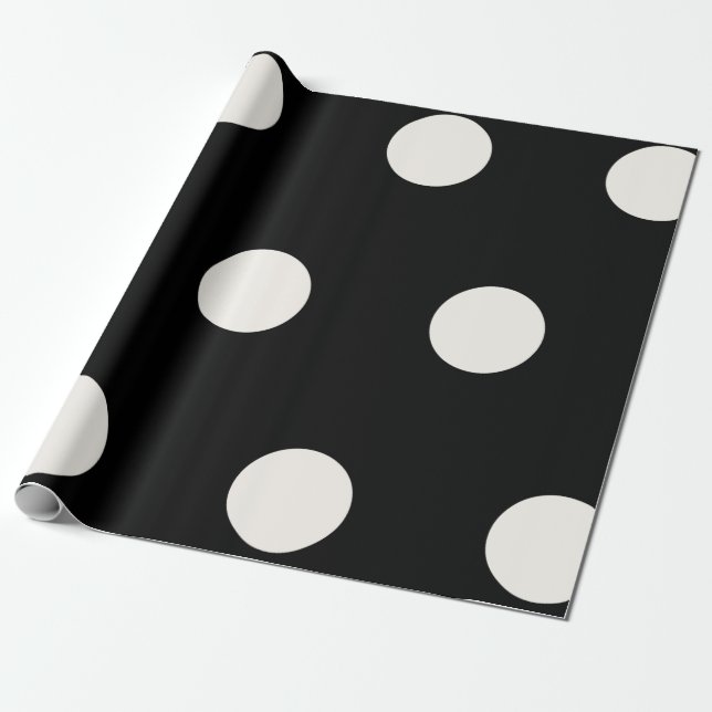 Big Fat Ivory Polka Dots Pattern On Black Wedding Wrapping Paper (Unrolled)