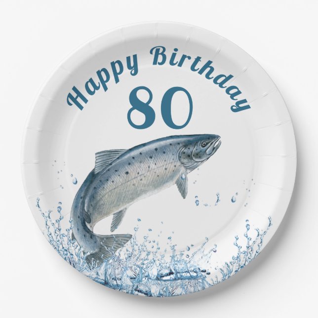 Big Fish In Water 80th Birthday Party Paper Plate (Front)
