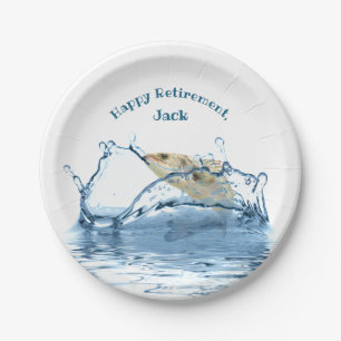 big fish jumping retirement party paper plate