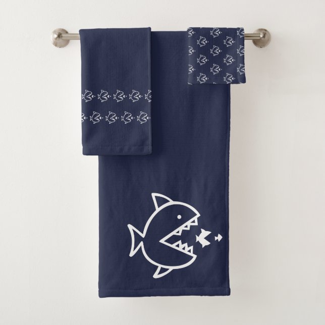 Big fish little fish Ocean Blue white Bath Towel Set (Insitu)