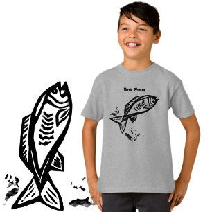 Big Fish Primitive Art Black Line Drawing T-Shirt