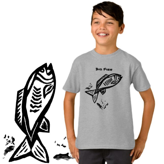Big Fish Primitive Art Black Line Drawing T-Shirt (Creator Uploaded)