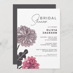 Big floral charcoal grey dusty pink bridal shower invitation