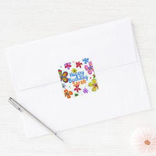 Big Flowers Happy Birthday Name Square Sticker