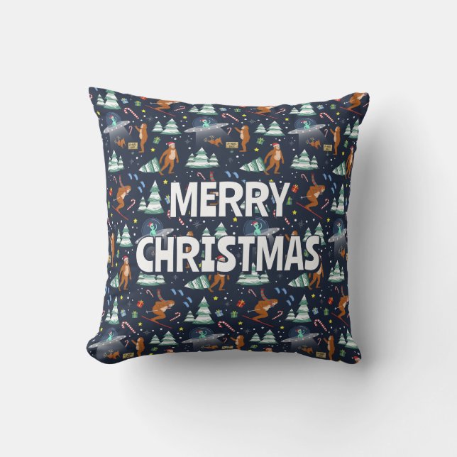 Big Foot, Aliens, & Reindeer Sci-Fi Christmas Cushion (Front)