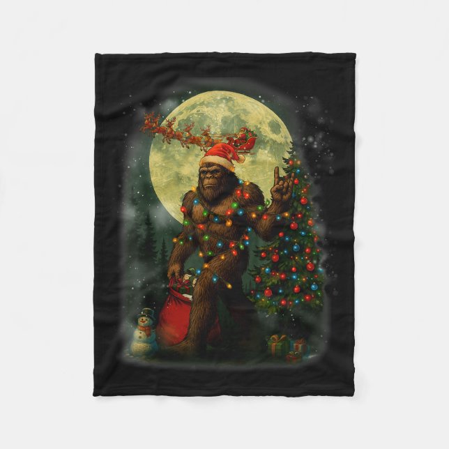 Big Foot Rock On Santa Snowman Christmas Tree Xmas Fleece Blanket (Front)