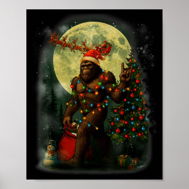 Big Foot Rock On Santa Snowman Christmas Tree Xmas Poster (Front)