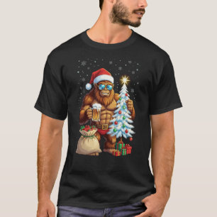 Big Foot Sasquatch In Santa Hat Drinking Beer Chri T-Shirt