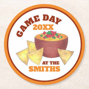 Big Football Game Tailgate Party Chips Cheese Dip Round Paper Coaster