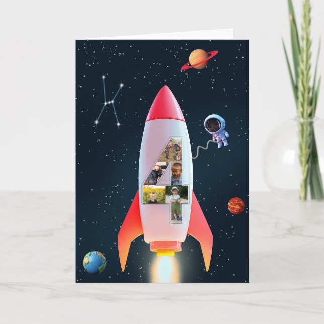 Big Four with Photos | 4th Birthday Space Rocket Card (Front)